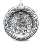 Set of 4 silver Christmas balls "Bullfinches, Snowflakes, Bells and a Happy childhood"